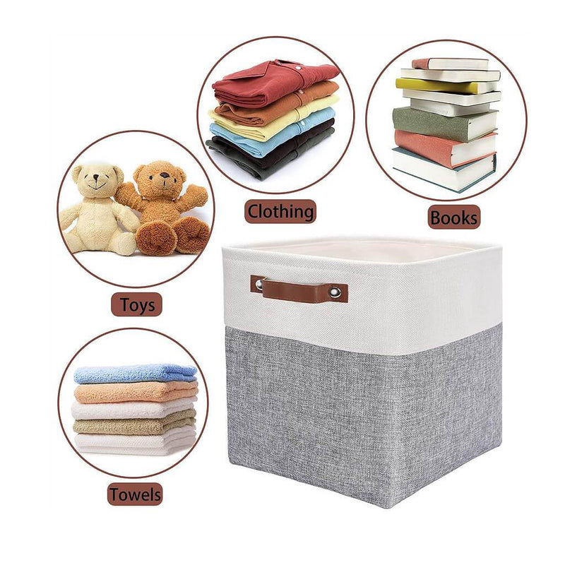 30cm White Grey Cube Storage Boxes with Leather Handle For Nursery - Mangata