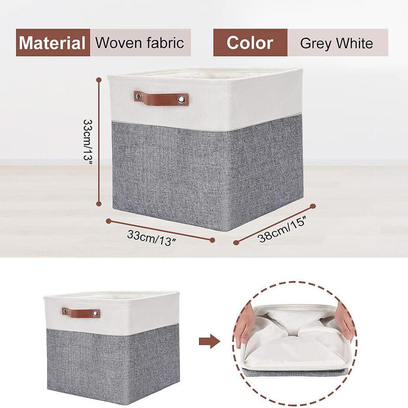 Set Of 3 Foldable Cloth Canvas Storage Boxes, Storage Baskets With Handles 33  X 33 X 33 Cm, Gray And Beige