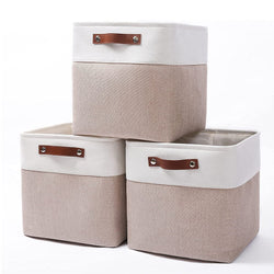 33x33x33cm Storage Baskets with Leather Handle White & Khaki