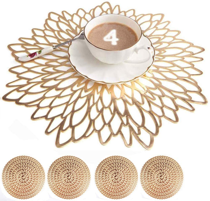 Round Dahlia Placemats and Coaster Sets, Pressed Vinyl Table Mats Christmas, Wedding, Dinner Parties, Restaurant, Hotel, 15.5"