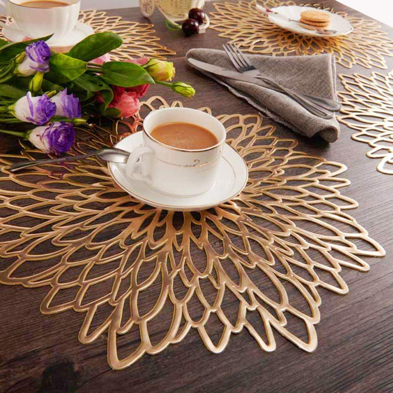 Round Dahlia Placemats and Coaster Sets, Pressed Vinyl Table Mats Christmas, Wedding, Dinner Parties, Restaurant, Hotel, 15.5"