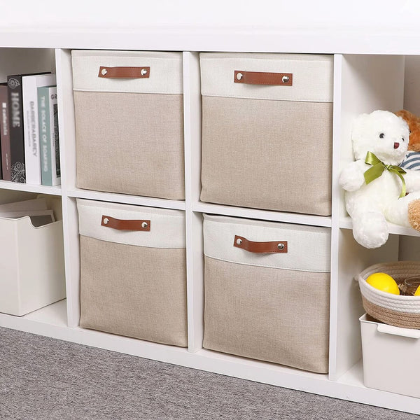 White Khaki Storage Basket with Leather Handles