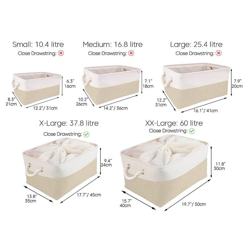 DIMENSIONS for small large baskets khaki white