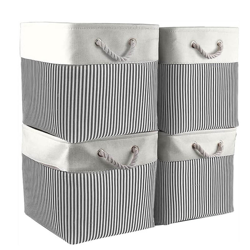 33cm Large Cube Storage Basket White Grey Stripes with Rope Handles