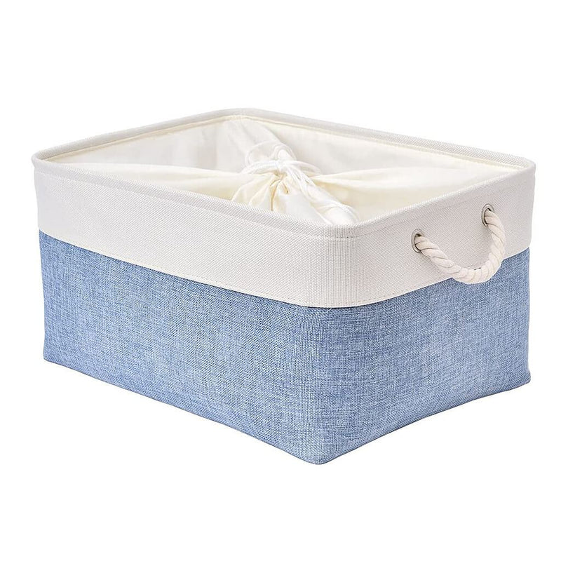Blue White Canvas Storage Basket with Cotton Rope Handle - Mangata