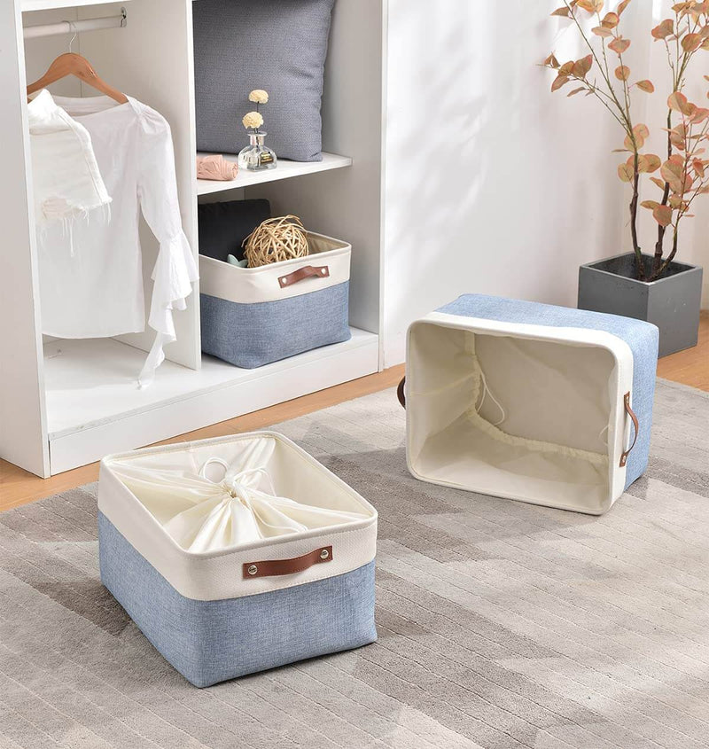 Blue White Canvas Storage Basket with Leather Handle - Mangata