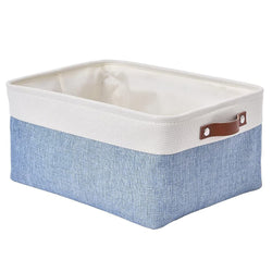Blue White Canvas Storage Basket with Leather Handle - Mangata