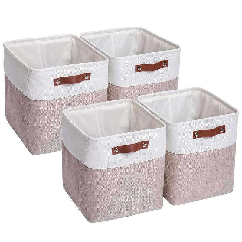 33x33x33cm Storage Baskets with Leather Handle White & Khaki
