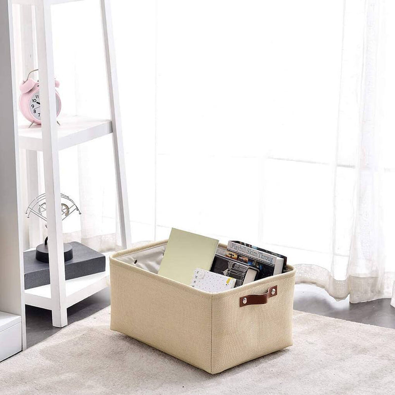 Collapsible Beige Storage Box with Leather Handle - Mangata
