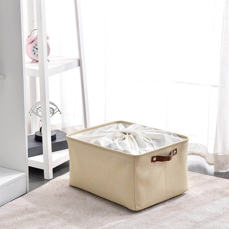 Collapsible Beige Storage Box with Leather Handle – Mangata