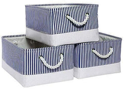 Collapsible Storage Boxes, Large Canvas Storage Baskets with Rope Handles, 3 Pack (Blue Stripe, Large) - Mangata