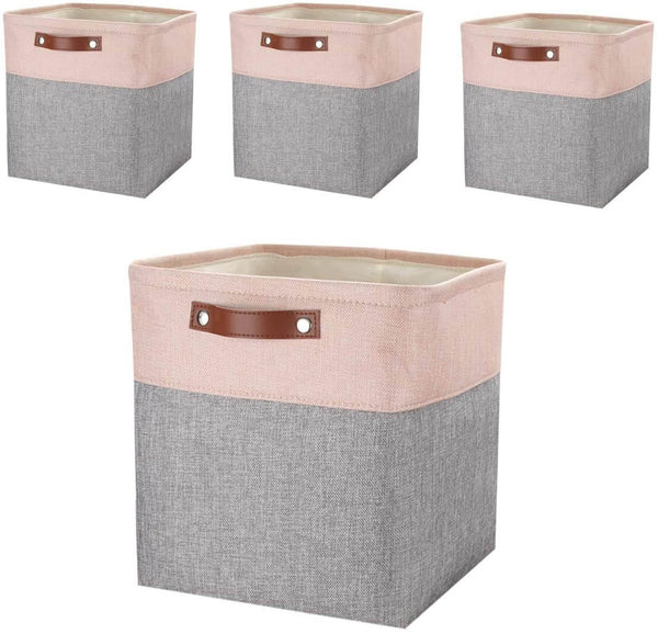 Fabric Canvas Storage Cubes & Baskets Grey & Pink 33CM - Mangata
