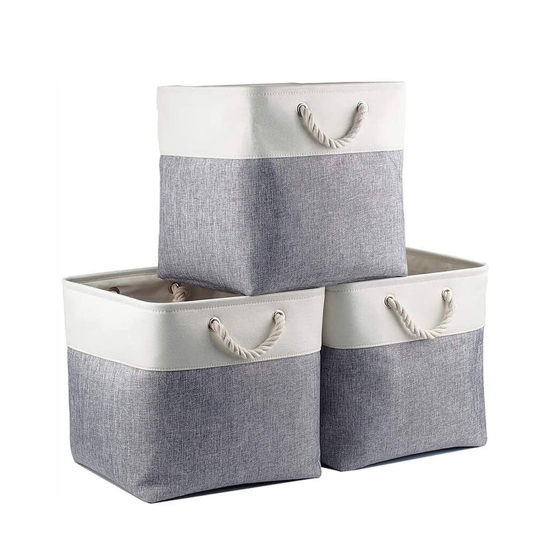 Fabric Storage Baskets Canvas Cube Box Grey White 11.8 inch (30x30x30cm, 3 Pack) - Mangata