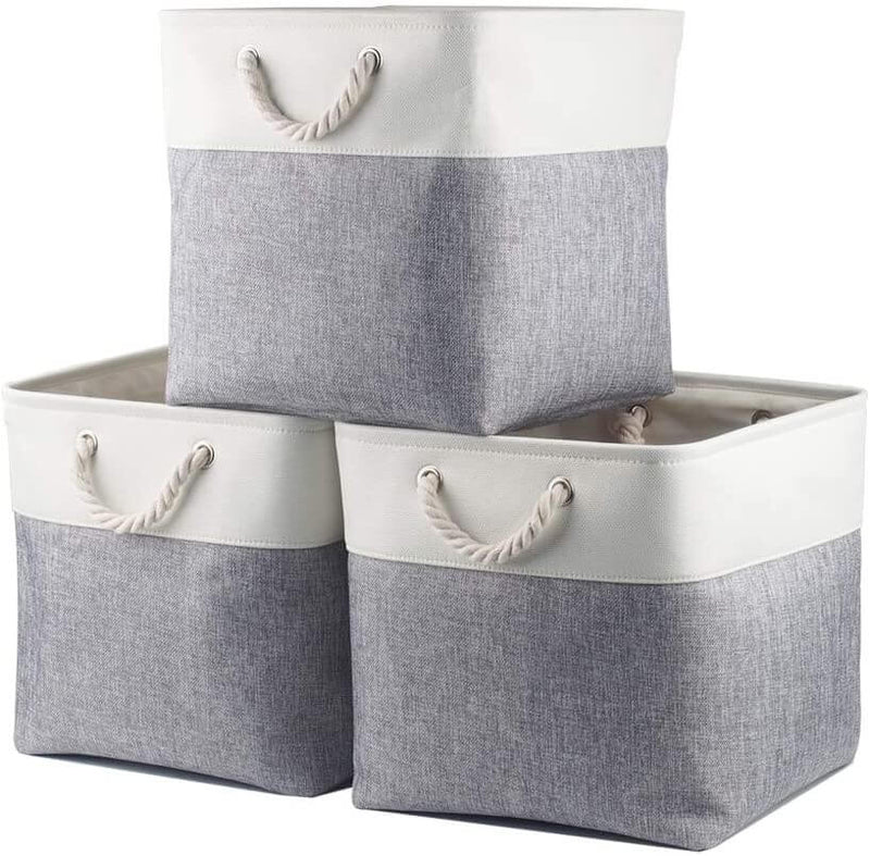 Fabric Storage Baskets Canvas Cube Storage Box Grey White 11.8 inch (30x30x30cm, 3 Pack) - Mangata