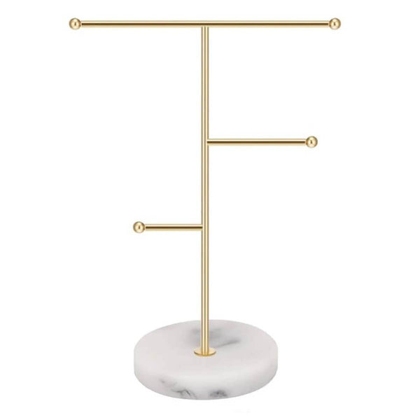 Jewelry Stand Holder Metal T-Bar Necklace Earrings Organizer Rack with Marble Pattern Round Tray - Mangata