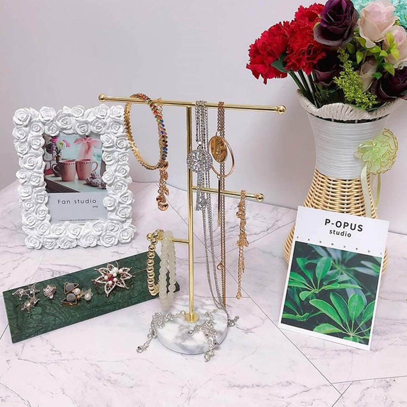 Jewelry Stand Holder Metal T-Bar Necklace Earrings Organizer Rack with Marble Pattern Round Tray - Mangata