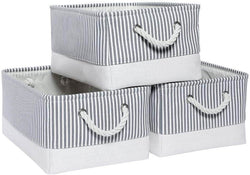 Large Grey Stripe Fabric Collapsible Baskets with Rope Handles, 3 Pack - Mangata