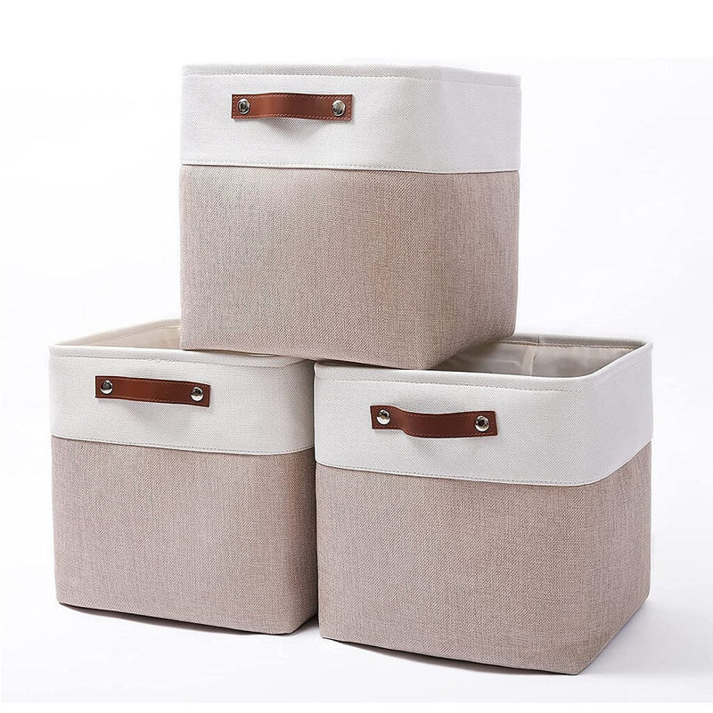 White Khaki Storage Basket with Leather Handles