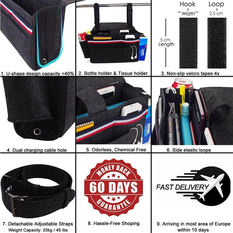 MANGATA Bedside Pocket, Bedside Storage Organiser Caddy Non-Slip with 5 Pocket Remote Control, Mobile Phone, Glasses, Light Grey - Mangata