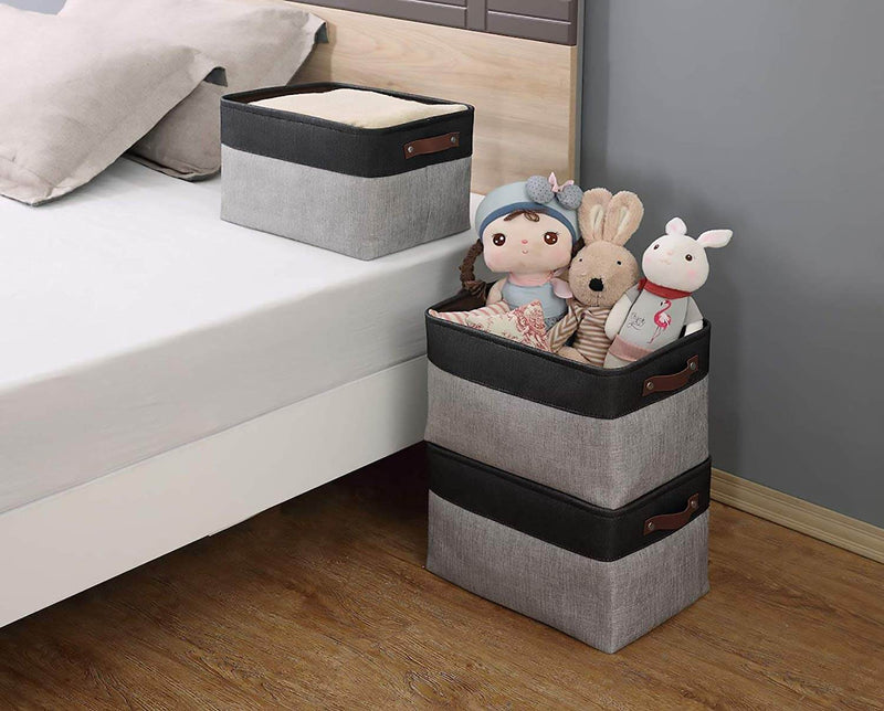 Mangata Foldable Storage Boxes Set, Large Fabric Storage Baskets with Handles for Organizing Shelves, Closet, Laundry, Nursery (Grey&Black, 16.5"x12.6"x9.8") - Mangata