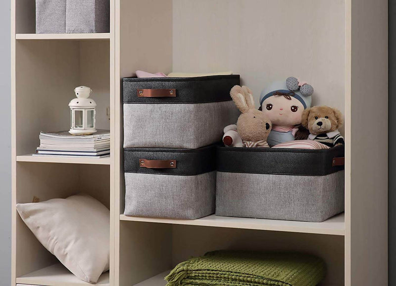 Mangata Foldable Storage Boxes Set, Large Fabric Storage Baskets with Handles for Organizing Shelves, Closet, Laundry, Nursery (Grey&Black, 16.5"x12.6"x9.8") - Mangata