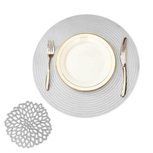 MANGATA Gold Placemats and Coaster Sets, Round PVC Placemat Washable Hollow Table Mats Set for Kitchen Dining Table - Mangata