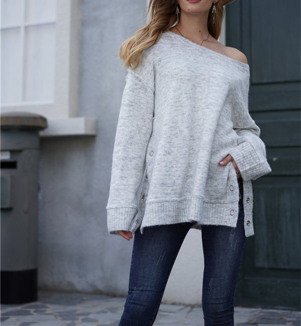 Off The Shoulder Jumper Womens Pullover Long Sleeve Tops Casual Knitted Sweater - Mangata