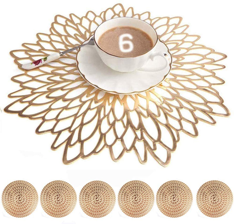 Round Dahlia Placemats and Coaster Sets, Pressed Vinyl Table Mats Christmas, Wedding, Dinner Parties, Restaurant, Hotel, 15.5" - Mangata