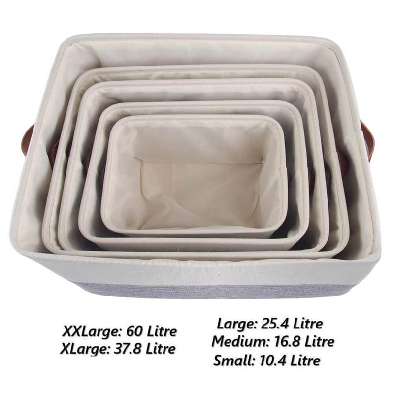 White Grey Storage Basket with Leather Handle - Mangata