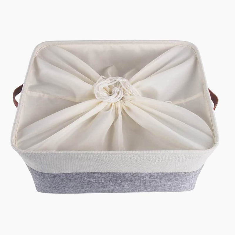 White Grey Storage Basket with Leather Handle - Mangata