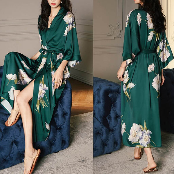 Green Dressing Gowns Womens Long Satin Robe